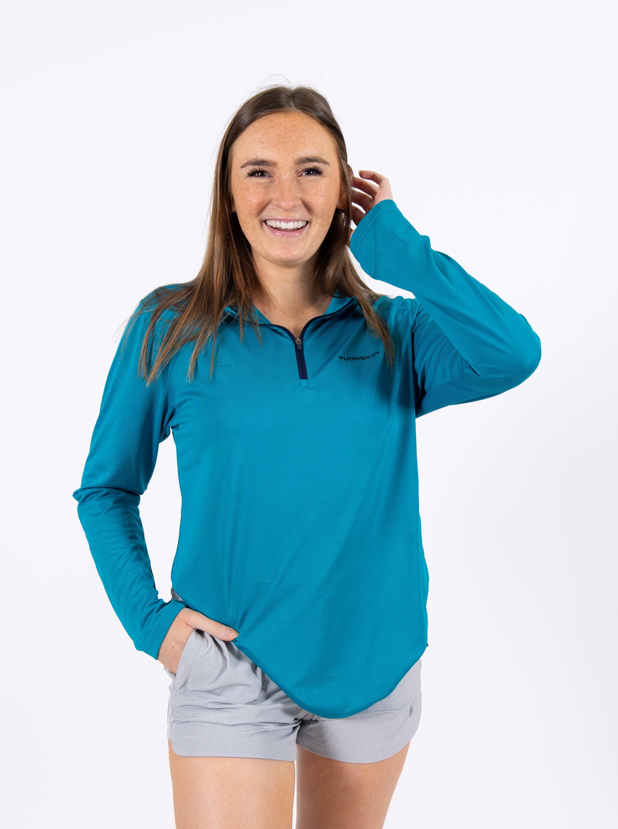 Women's Echo Performance Quarter Zip | Teal – Tunaskin Aquatic Apparel
