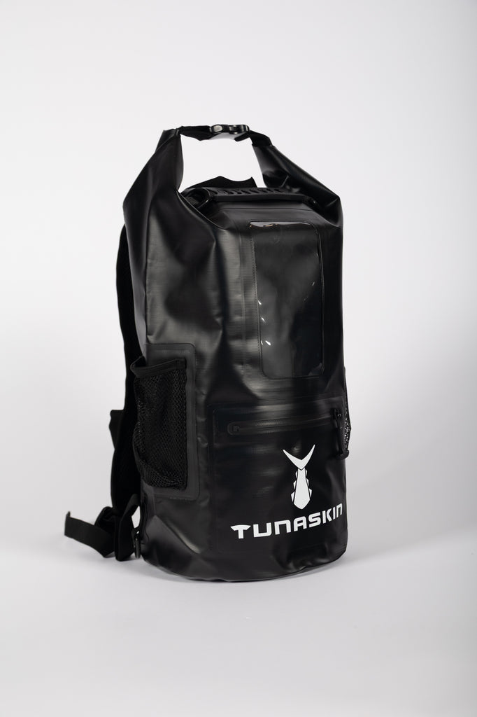 Tunaskin waterproof backpack dry bag in black.