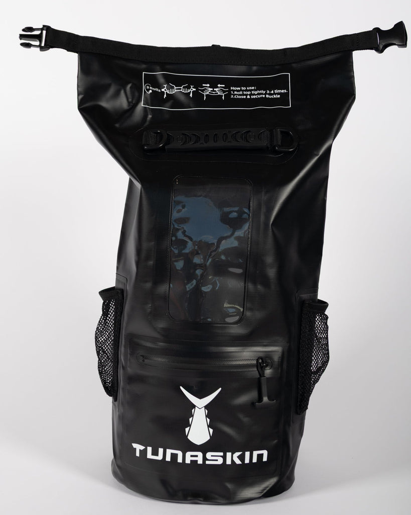 Tunaskin waterproof backpack dry bag in black.