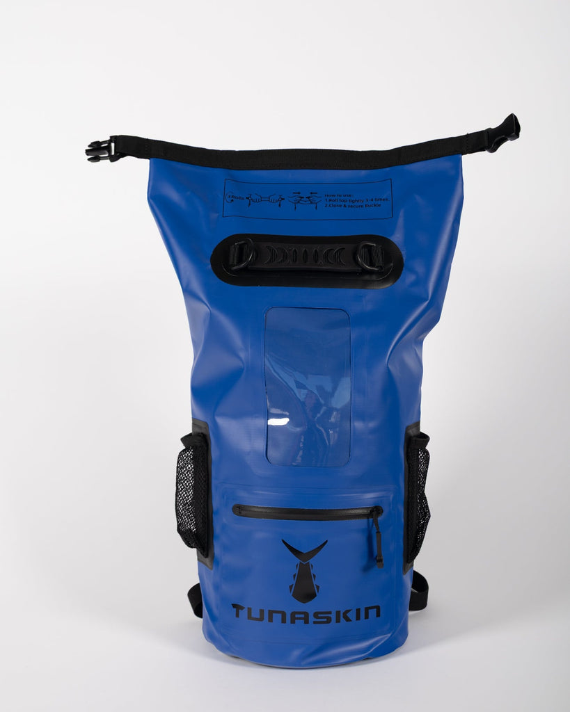 Tunaskin waterproof backpack dry bag in royal blue.